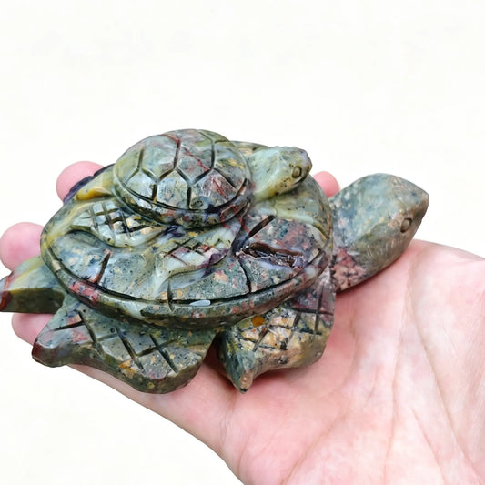natural multicolor matrix gemstone mother child turtle carving showing detailed shell carving and green purple hues