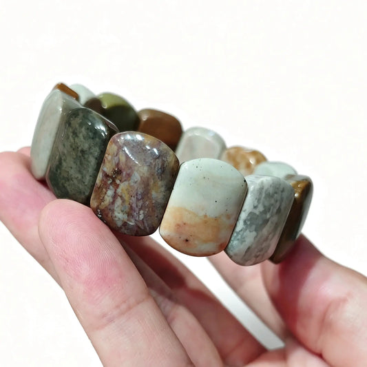 natural ocean jasper bar bracelet orbicular gemstone slab stretch cuff front view