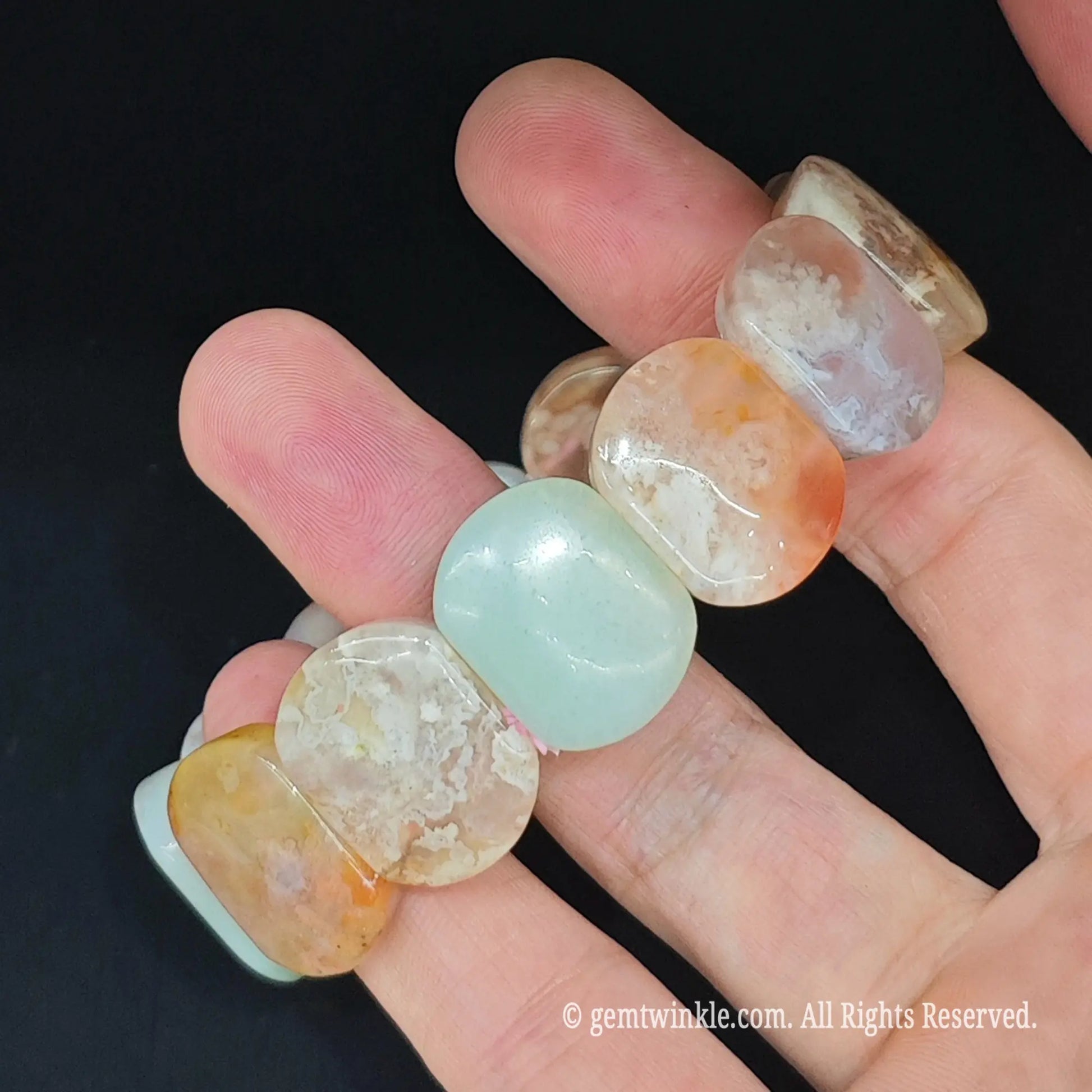 Natural pastel blossom agate smooth rectangular bead bracelet side profile highlighting smooth surface polish