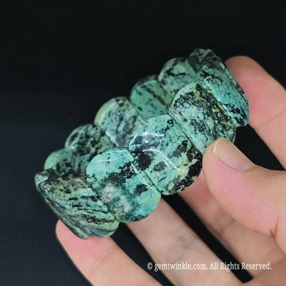 Natural peacock jasper smooth rectangular bead bracelet side view showing rounded polished edges and glossy finish