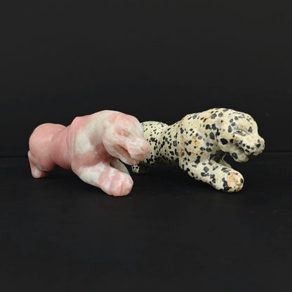 Hand carved gemstone leopard statue in pink opal and spotted dalmatian jasper stone crouching panther crystal animal carving for wholesale crystal sourcing