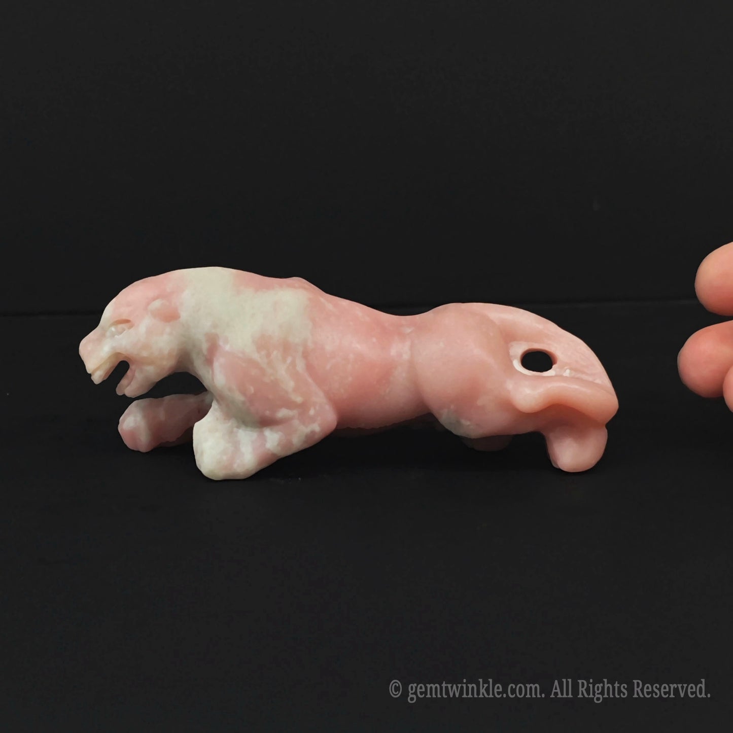 Handmade pink opal panther figurine showing the organic soft pink mineral textures and premium big cat posture design