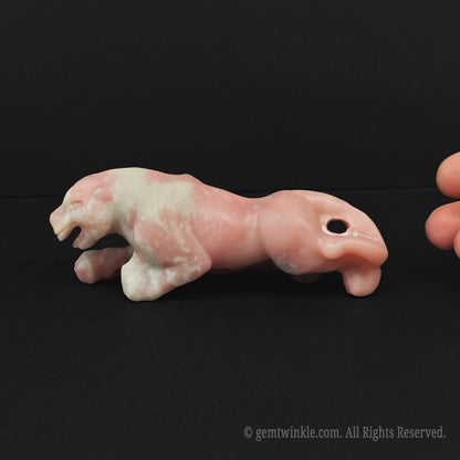 Handmade pink opal panther figurine showing the organic soft pink mineral textures and premium big cat posture design