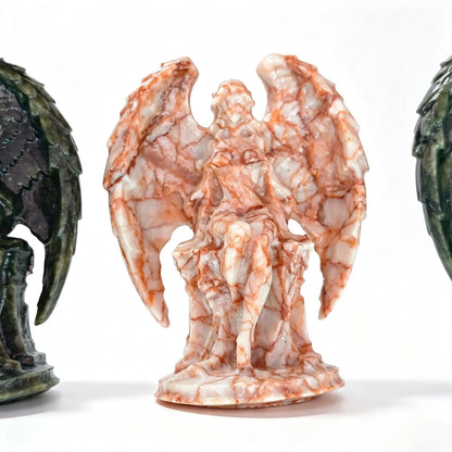 Single pink and white vein natural stone dark angel statue 11cm height with matte surface on white background