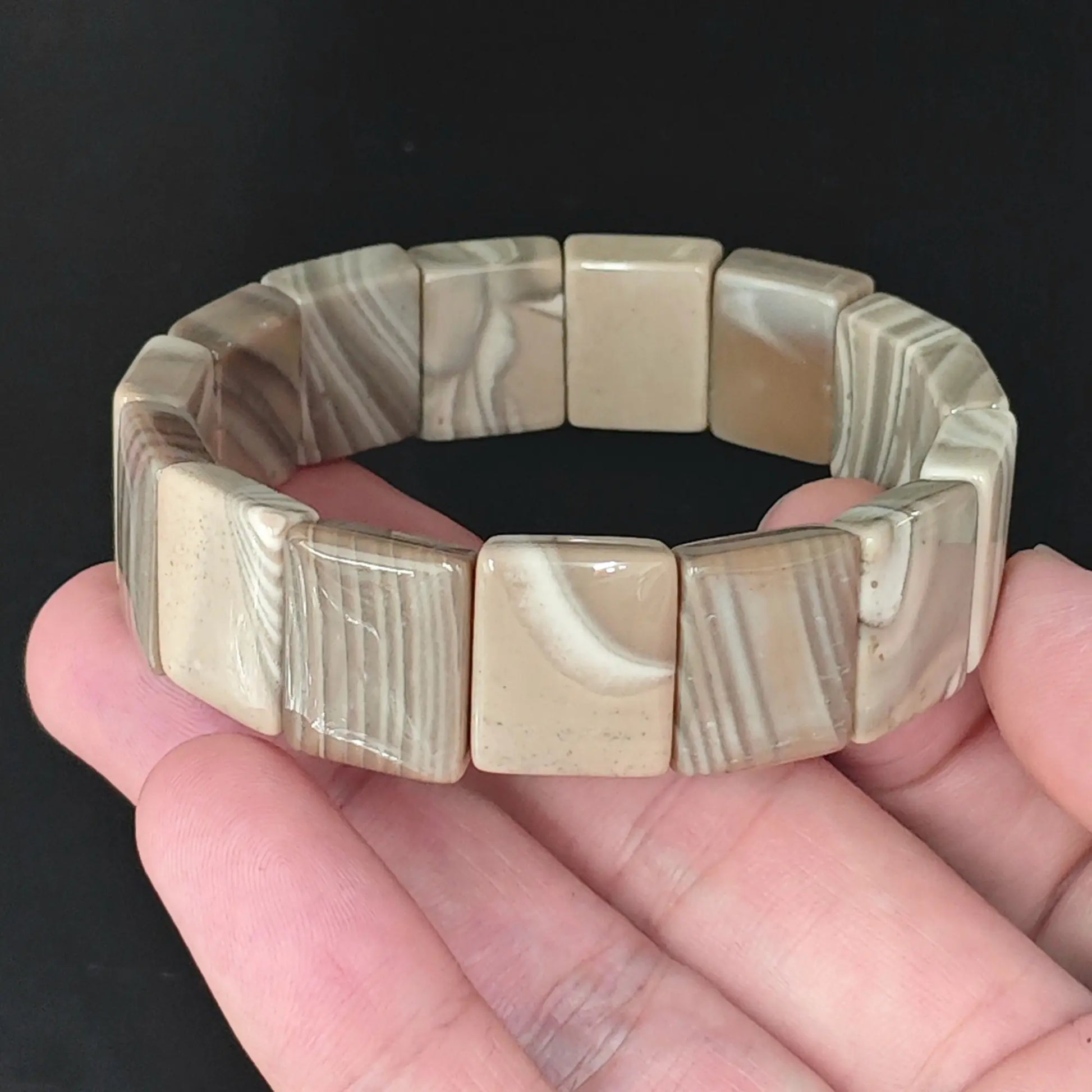 Natural Polish Striped Flint 18mm Plate Bead Bracelet on Hand
