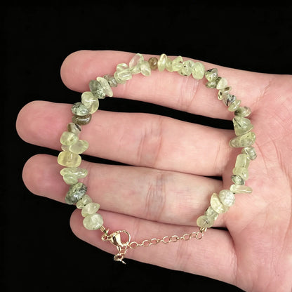 natural prehnite chip bracelet with pale green nuggets and 5cm gold tone extender chain