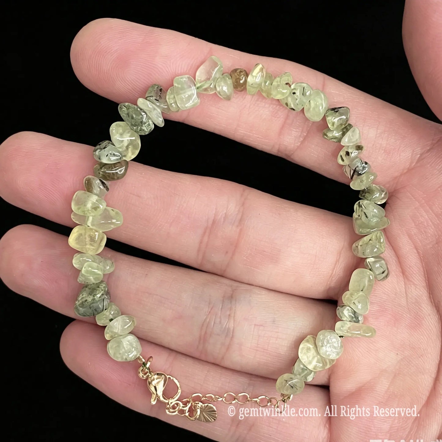 natural prehnite crystal chip bracelet fitting 15cm to 18cm wrist circumference comfortably
