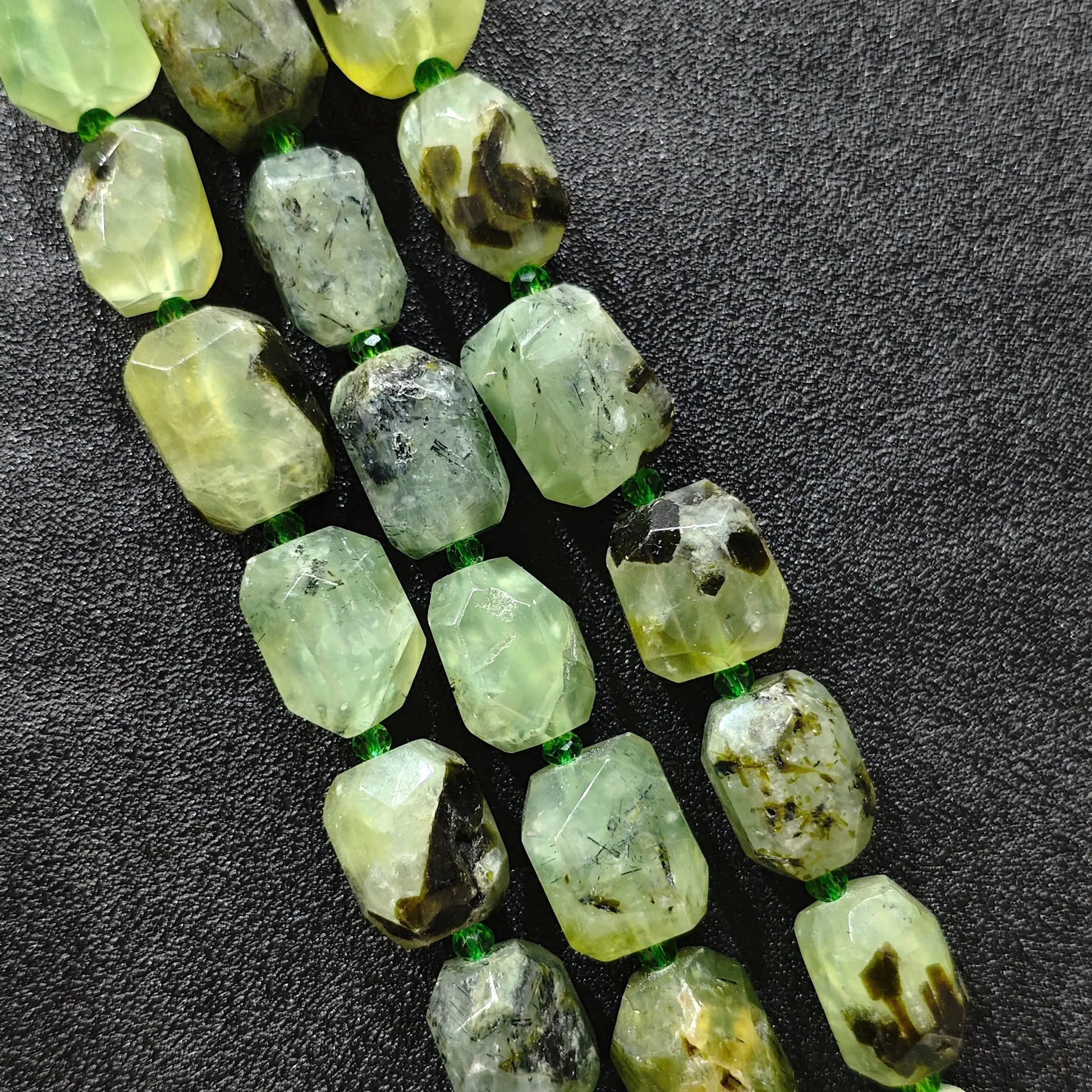 natural prehnite faceted barrel beads chunky gemstone strand front view