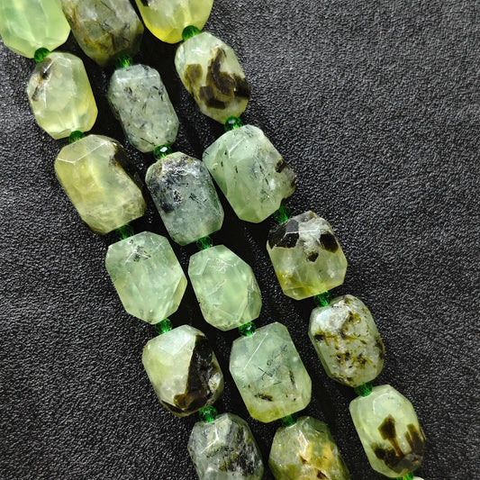 natural prehnite faceted barrel beads chunky gemstone strand front view