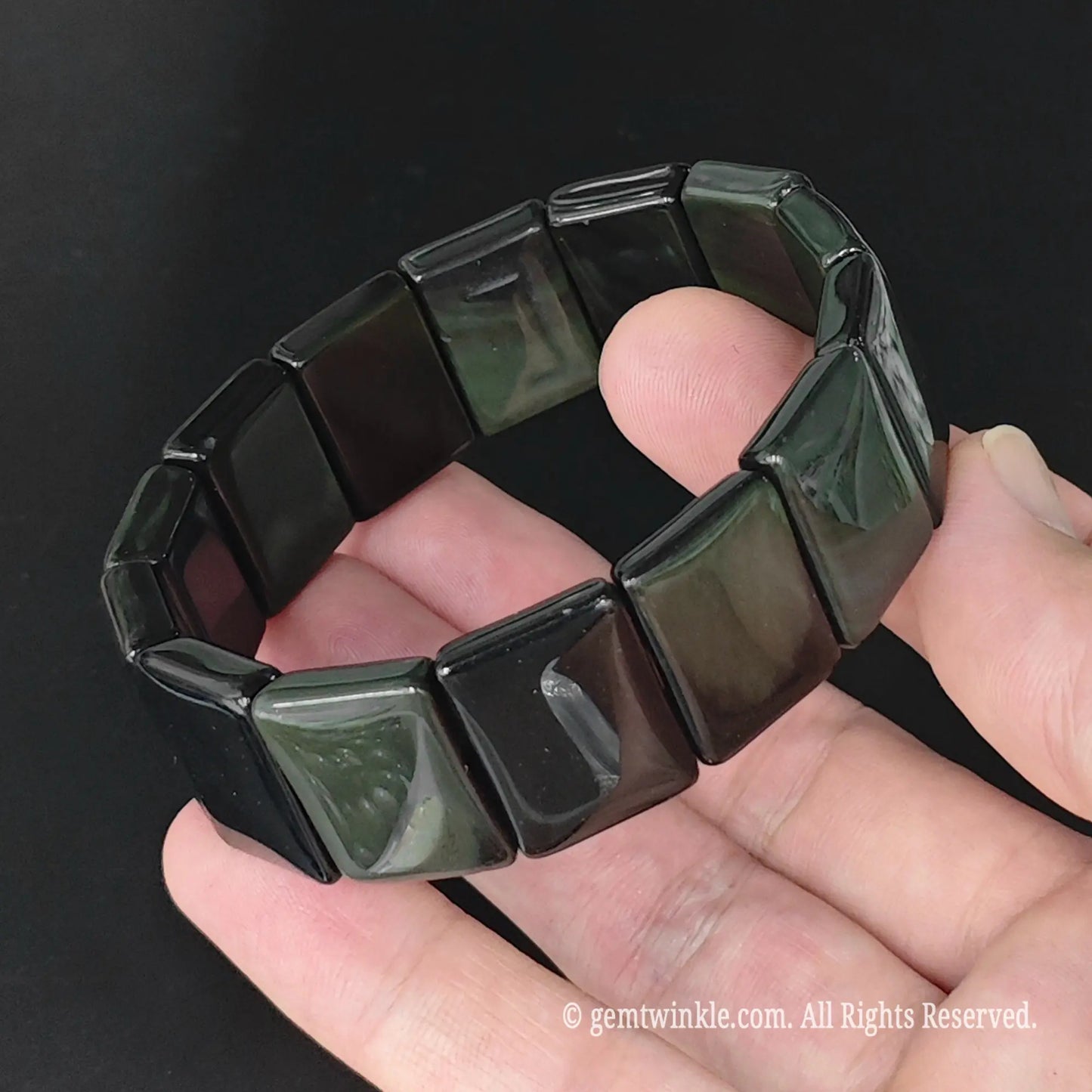 natural rainbow eye obsidian geometric plate bracelet side view