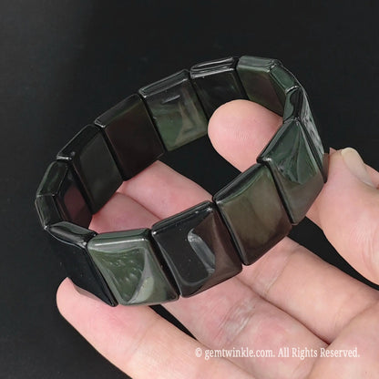 natural rainbow eye obsidian geometric plate bracelet side view