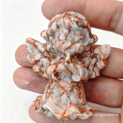 Single natural red network stone praying angel statue 6cm height held in hand displaying brown red vein patterns