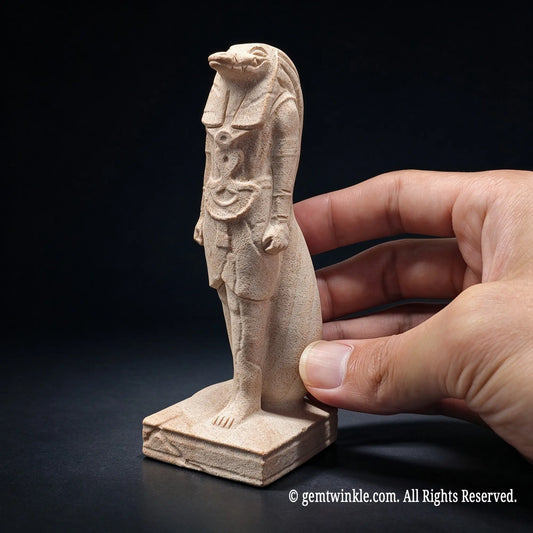 natural beige sandstone egyptian deity statue 12cm height held in hand showing detailed carving