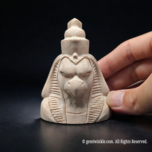 natural beige sandstone egyptian horus bust statue held in hand displaying carved falcon god face and crown