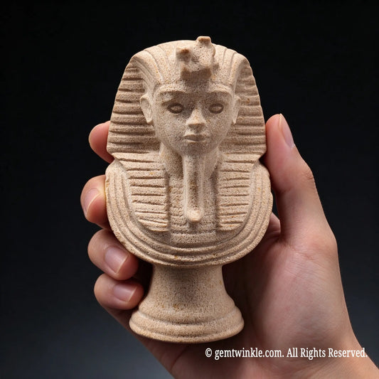 natural beige sandstone egyptian pharaoh bust statue held in hand displaying carved face and nemes headcloth