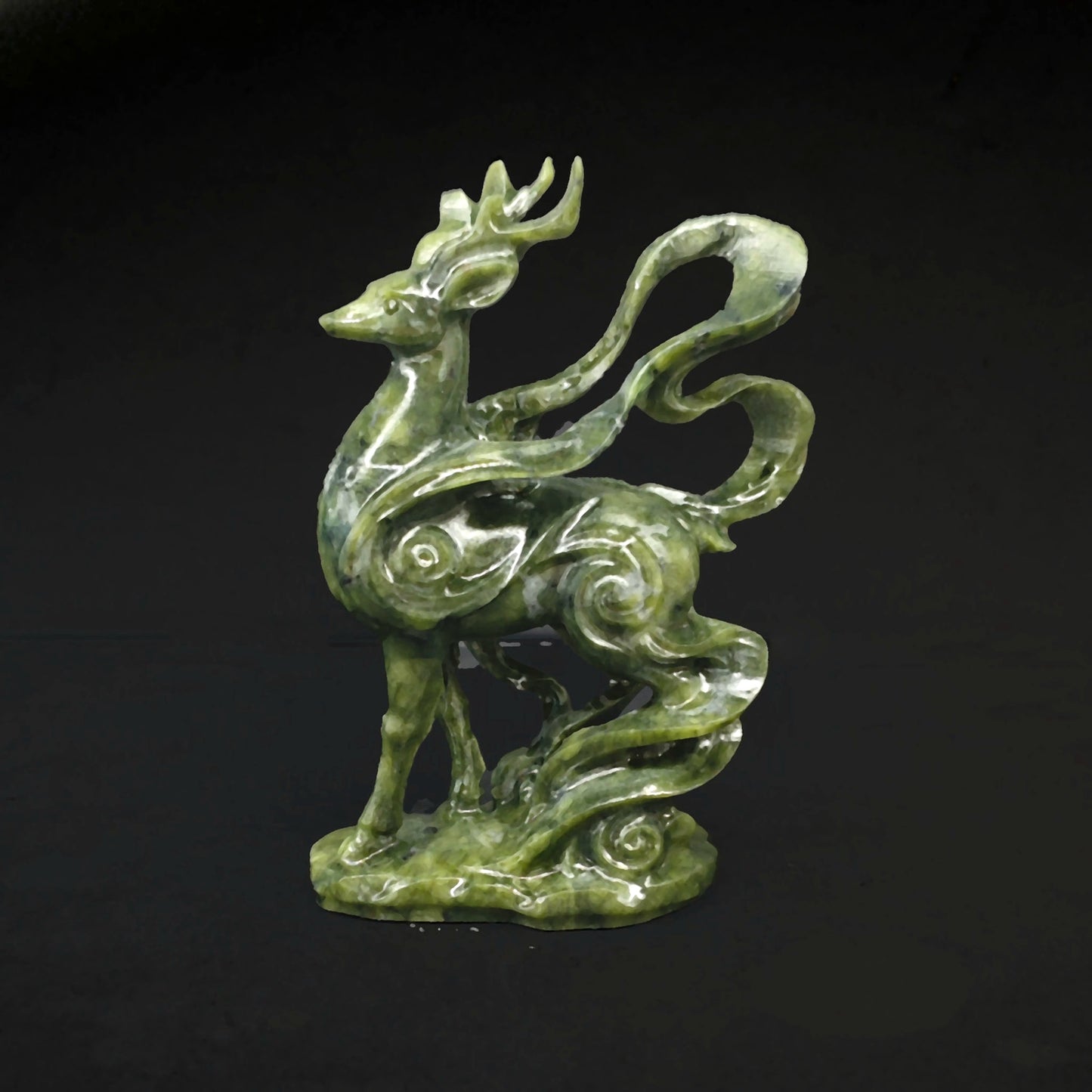 Hand carved serpentine stone mystical deer statue in rich olive green color crouching mythical animal crystal totem for wholesale sourcing