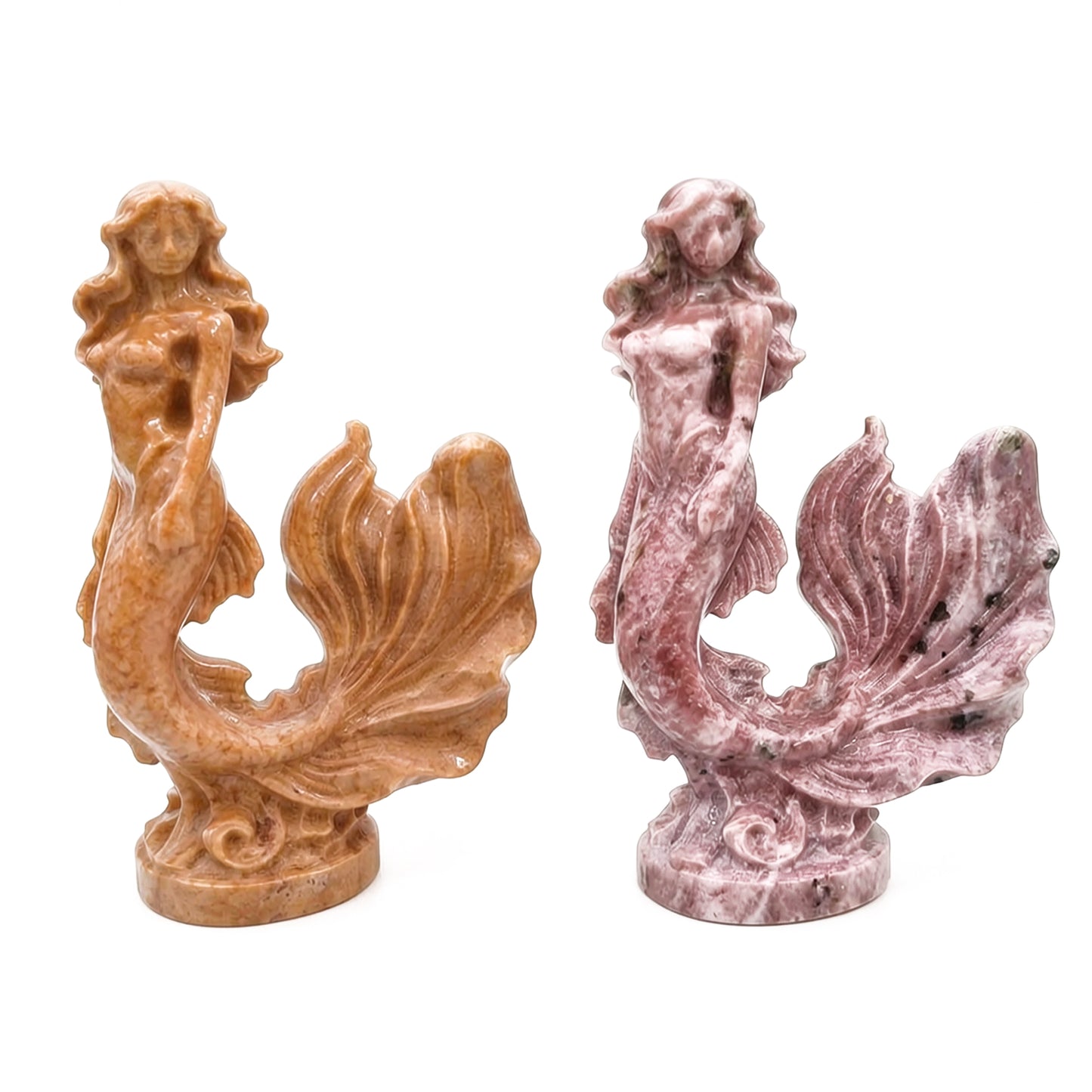 Two natural stone mermaid statues 11cm height in yellow stone and pink stone standing side by side on white background