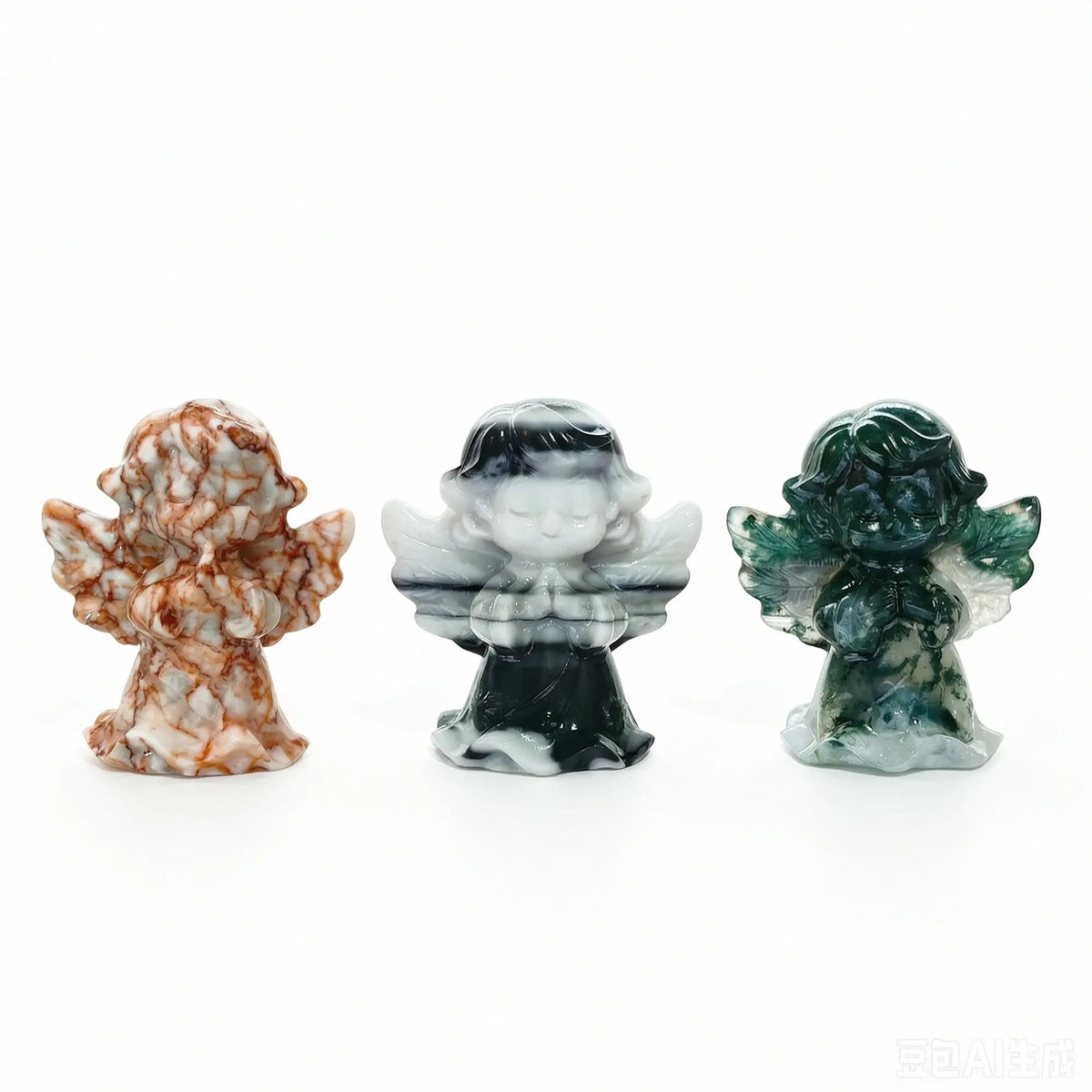 Three natural stone praying angel statues 6cm height in red network stone zebra jasper and moss agate standing on white background