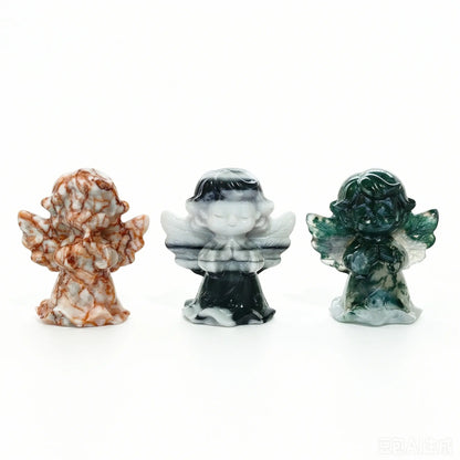 Three natural stone praying angel statues 6cm height in red network stone zebra jasper and moss agate standing on white background