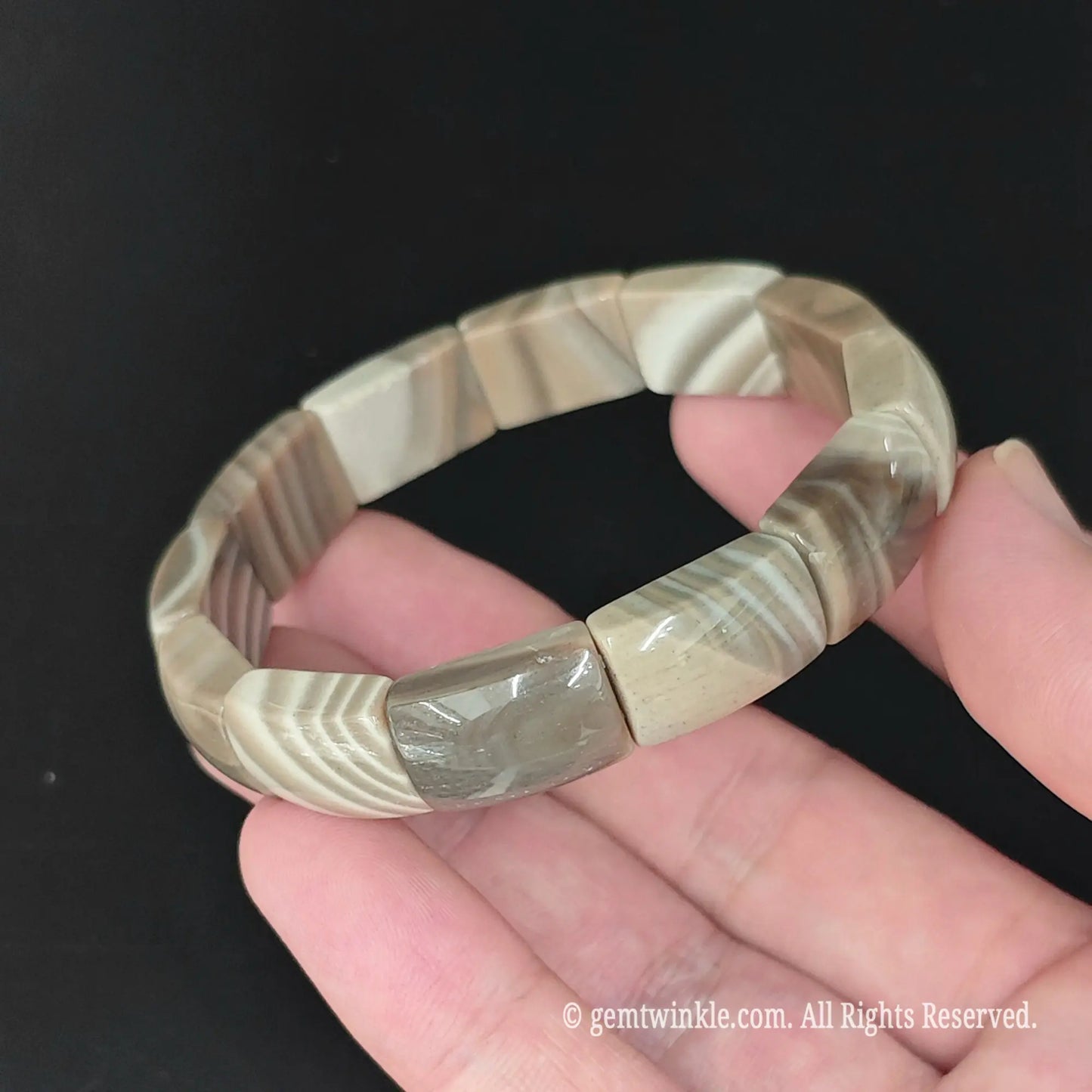 Smooth Polished Polish Striped Flint Bar Bead Stretch Cuff