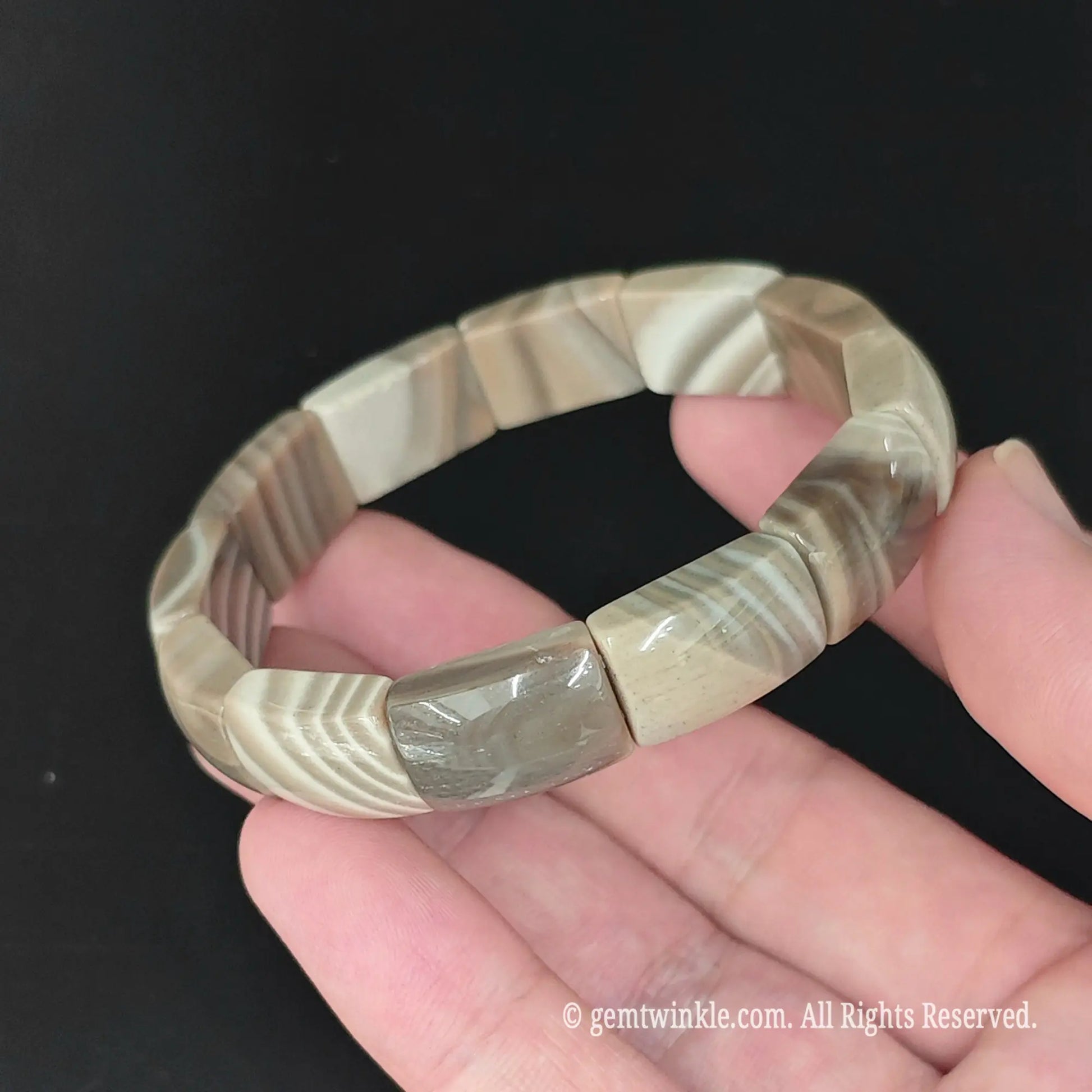 Smooth Polished Polish Striped Flint Bar Bead Stretch Cuff