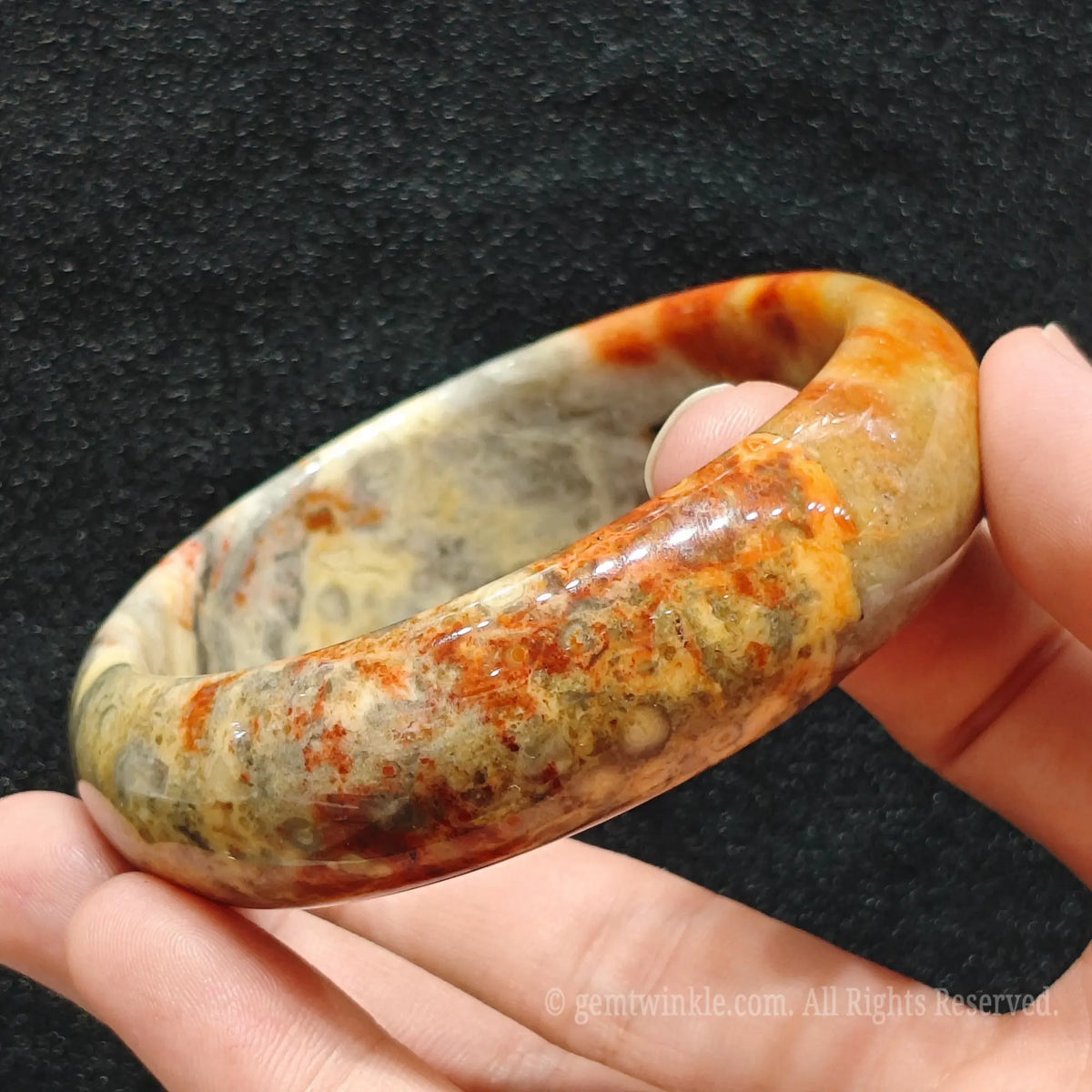 inner rim perspective showing smooth finish of exact mottled agate stone cuff