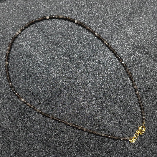 Wholesale silver sheen obsidian gemstone necklace featuring 3mm micro faceted beads and gold extension chain