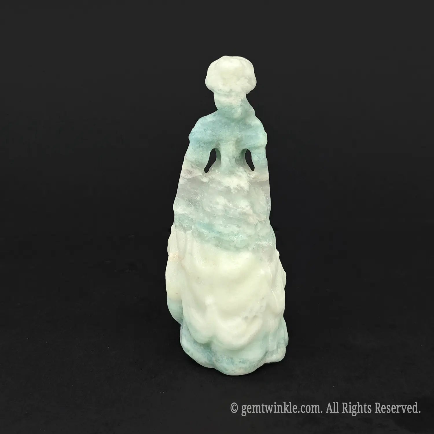 Front view of a pastel mint and white crystal princess carving with an elegant off-the-shoulder dress design, a unique gift for girls