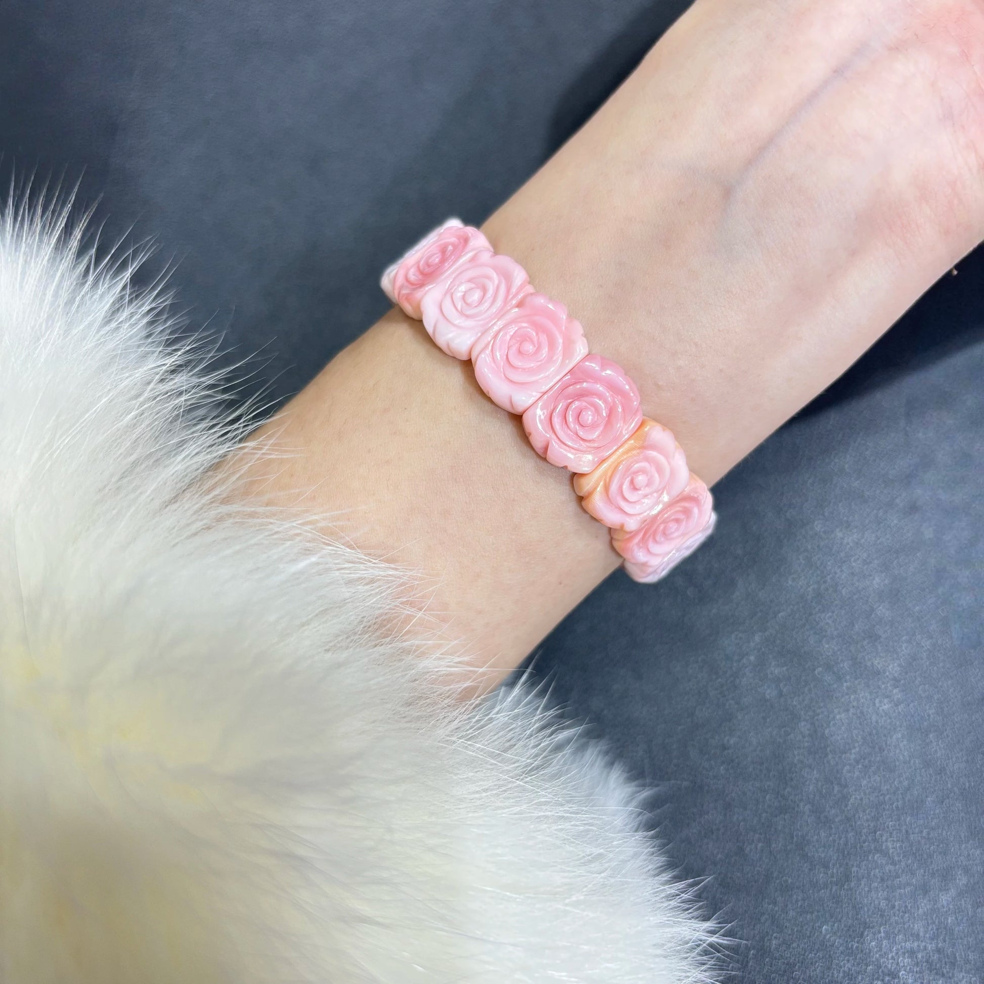 Pink Conch Shell Rose Bracelet on Wrist