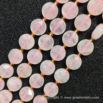 Close up preview of translucent pink rose quartz star faceted flat wheel beads