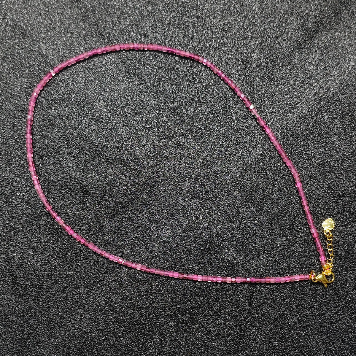 Clarity enhanced Pink Tourmaline gemstone collar necklace featuring 2.5mm square cube beads and gold extension chain