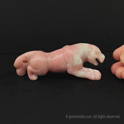 Polished pink opal crouching leopard statue for crystal shop owners looking for premium hand sculpted animal decor with low moq