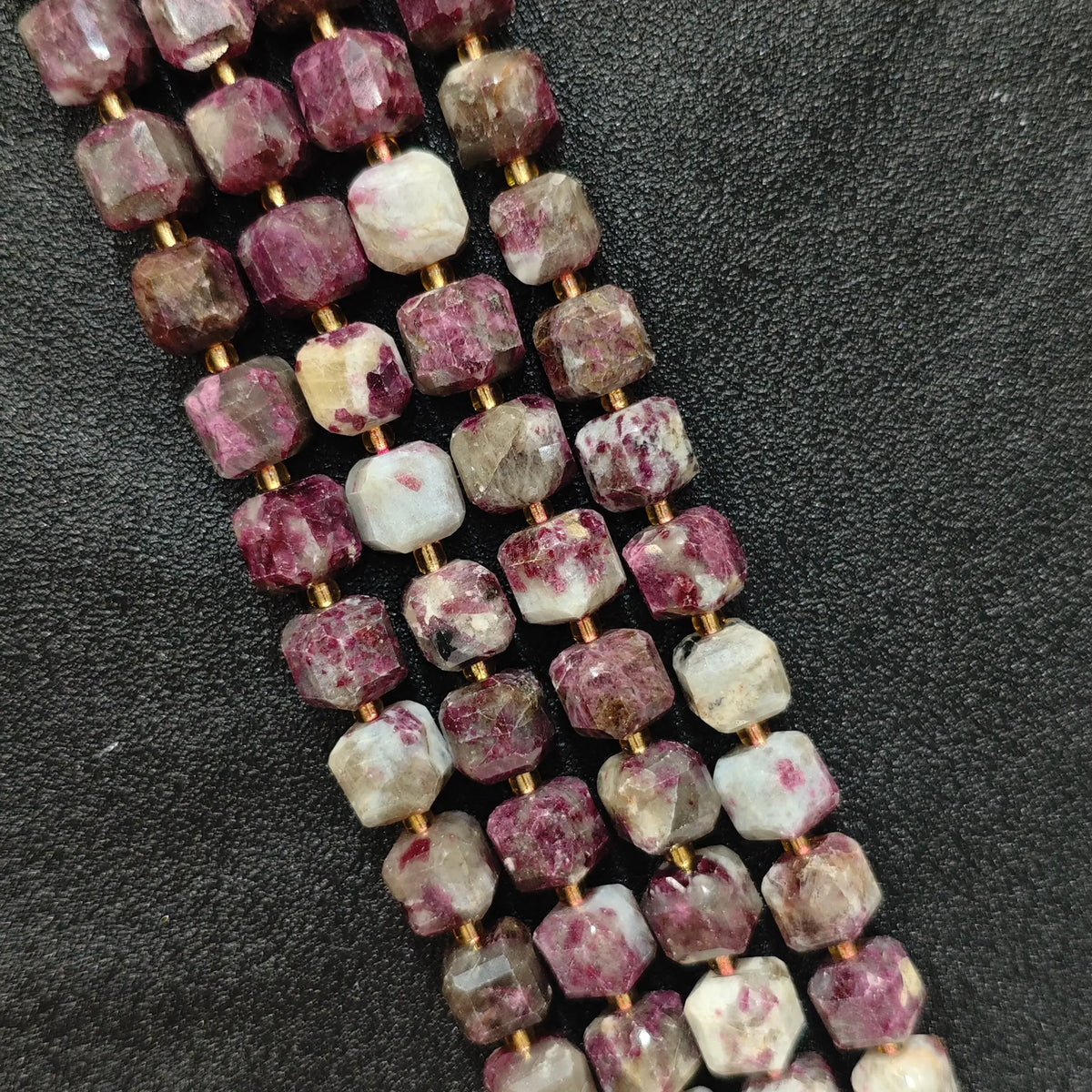 Full strands of natural plum blossom tourmaline square block beads featuring floral matrix patterns for wholesale buyers