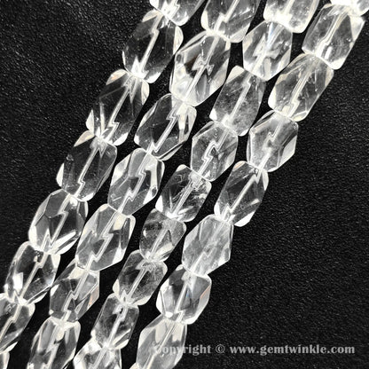 Close up view of polygonal column cut clear quartz beads with natural light reflections