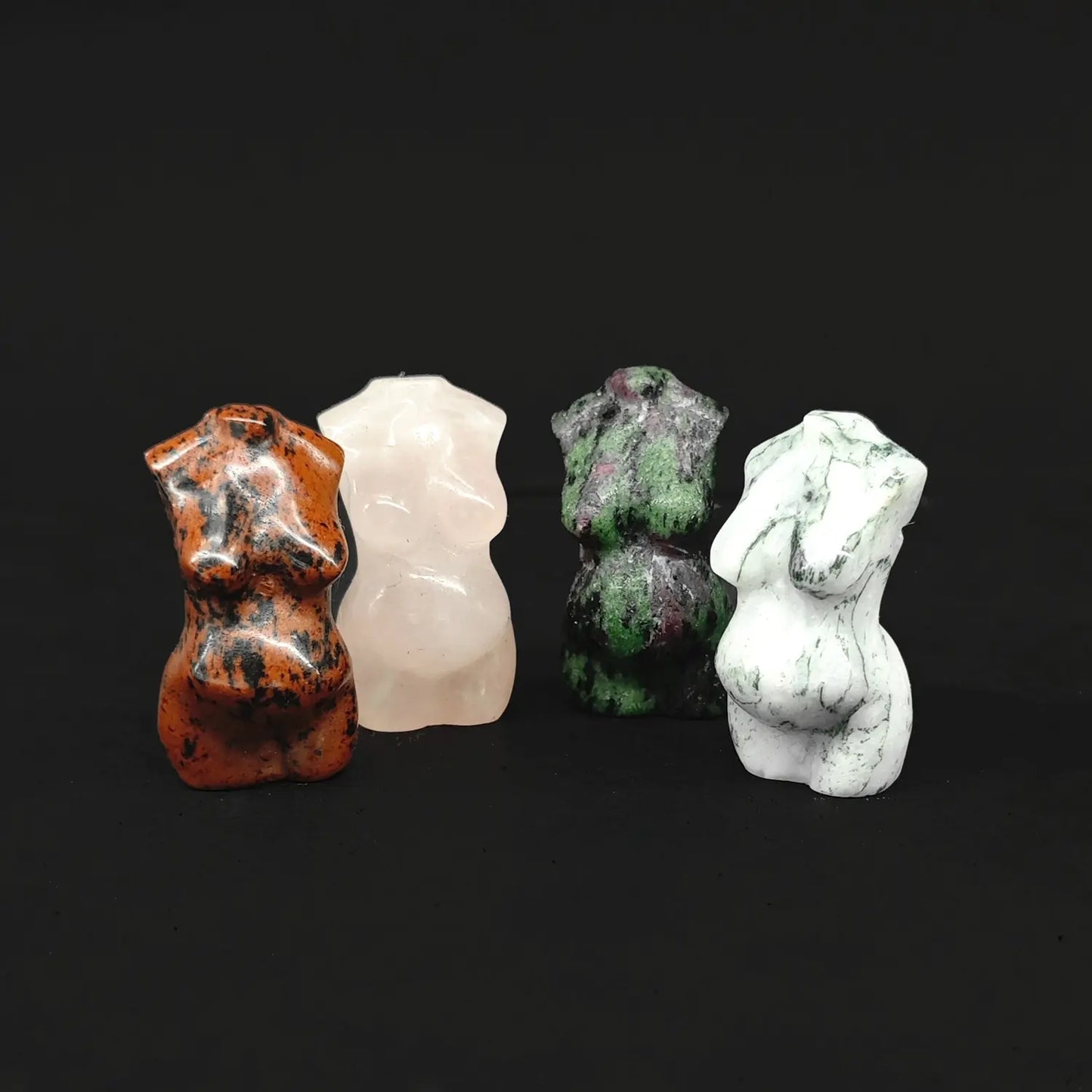 Bulk 4cm natural crystal pregnant goddess torso carvings in Mahogany Obsidian, Ruby Zoisite, Rose Quartz, and Zebra Jasper from direct Donghai wholesale supplier.