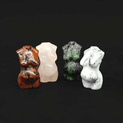 Bulk 4cm natural crystal pregnant goddess torso carvings in Mahogany Obsidian, Ruby Zoisite, Rose Quartz, and Zebra Jasper from direct Donghai wholesale supplier.