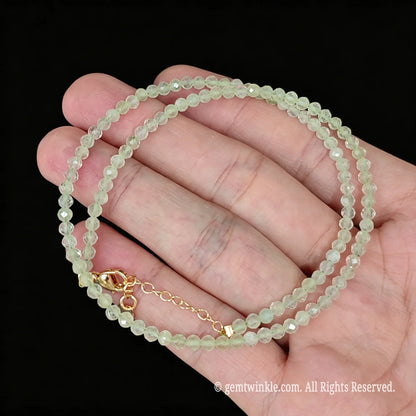 prehnite faceted micro bead collar loop featuring gold plated extender chain