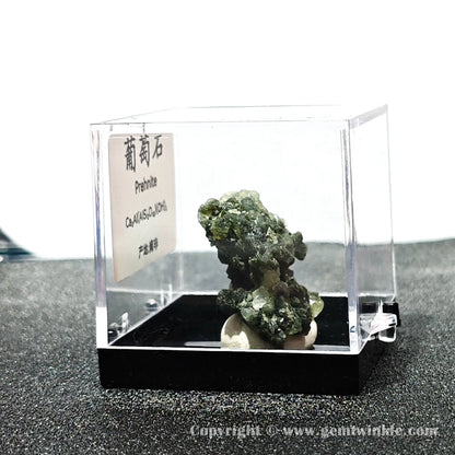 Angled right perspective highlighting globular prehnite aggregates and secure black base mount