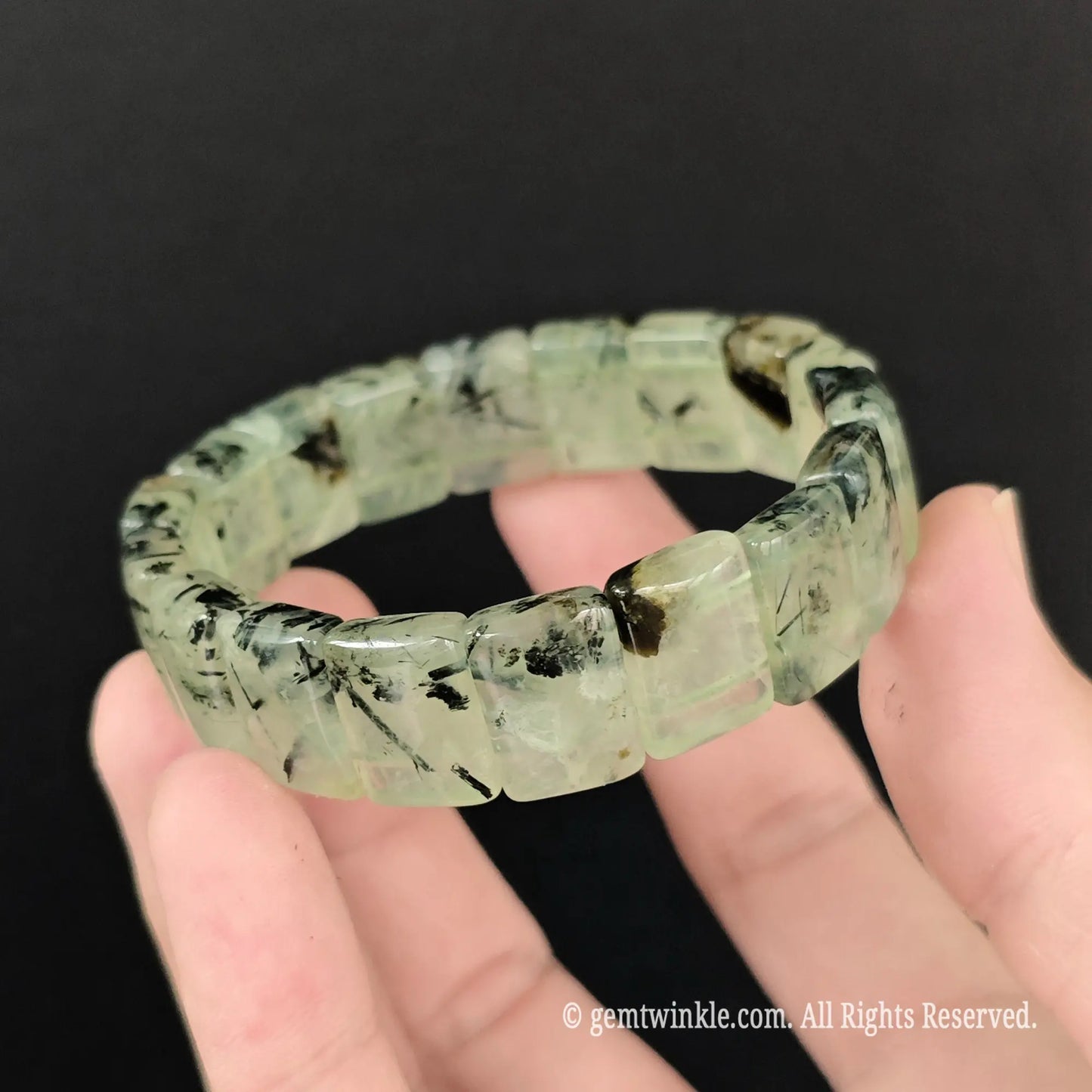 natural green prehnite smooth rectangular bead bracelet side view