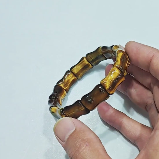 Women's Golden Tiger Eye Bamboo Bracelet – 15mm Segment Beads, 18mm Length, Boho Stackable Jewelry Gift for Her