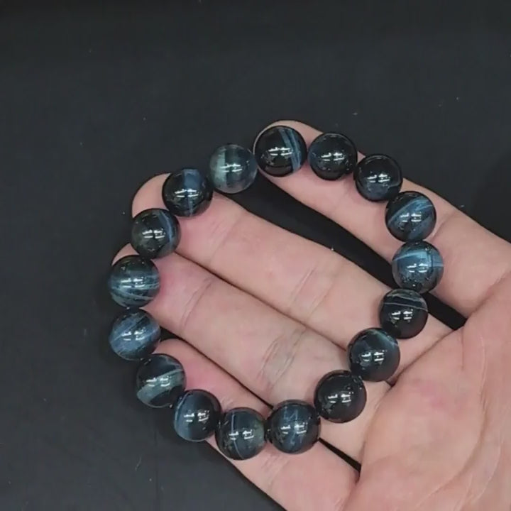 Blue Tiger’s Eye Uniform Round Bead Wristband – 6mm to 12mm Precision Range, Indigo-Banded