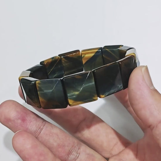 Elastic Stretch Bracelet with Natural Blue-Gold Tiger Eye Square Beads