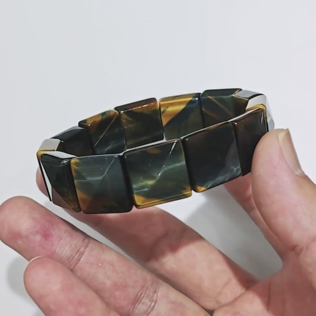 Elastic Stretch Bracelet with Natural Blue-Gold Tiger Eye Square Beads