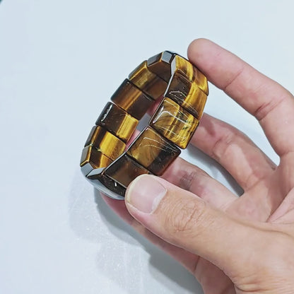 Yellow Tiger Eye Elastic Bracelet – 20mm Rectangular Beads, 18cm Length, Unisex Bulk Jewelry