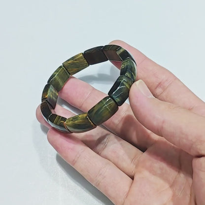 Unisex Yellow-Blue Tiger Eye Beveled Rectangle Bracelet – ~16mm Long Beads, 18cm Length, Dreamy Chatoyancy