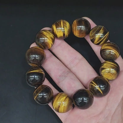 Yellow Tiger’s Eye True Round Bead Bracelet – 6mm to 20mm Size Choice, Golden-Banded Lustrous Finish