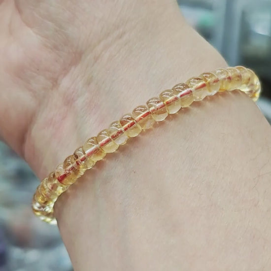 Brazilian citrine tablet beads in lemon-honey yellow, 6×3mm size, with subtle internal inclusions—stretch elastic design