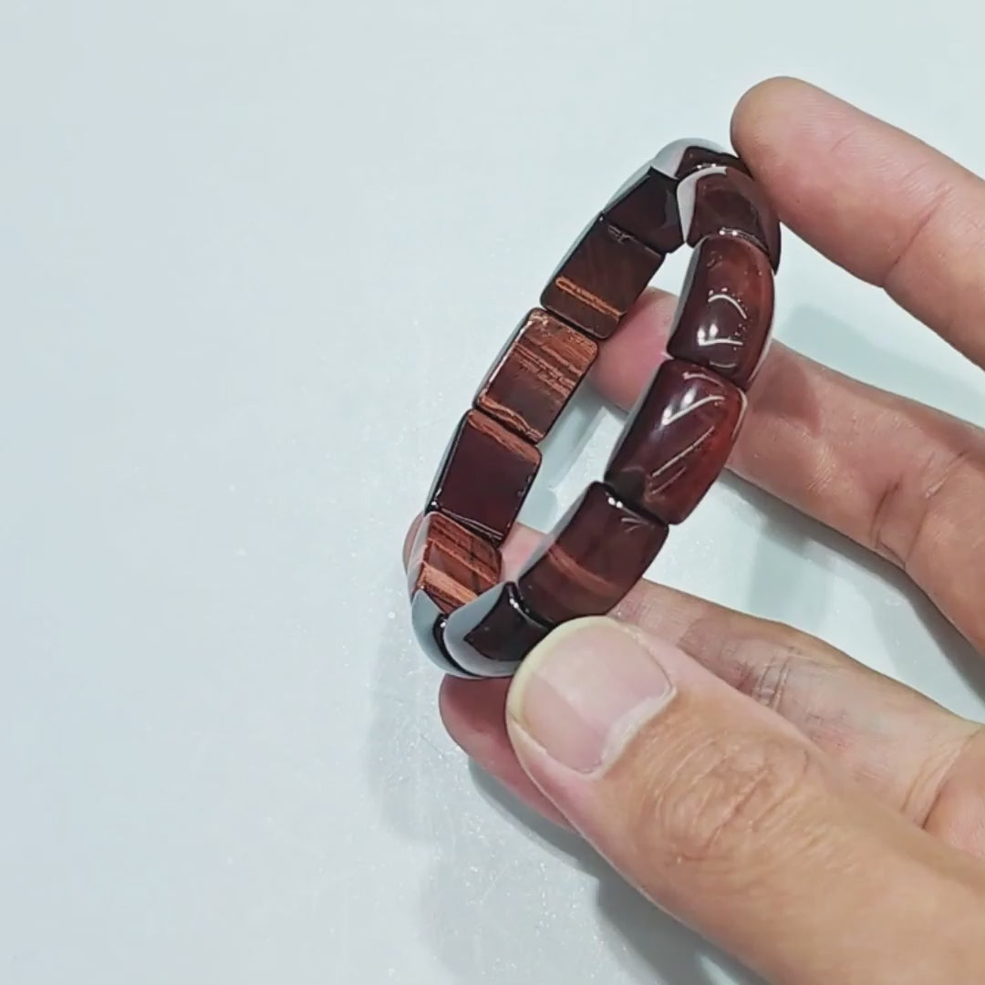 Unisex Red Tiger Eye Rectangular Bracelet – ~16mm Beads, 18cm Length