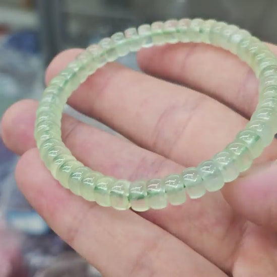 Natural prehnite tablet beads in soft apple green, 6×3mm size, with subtle internal inclusions—stretch elastic design