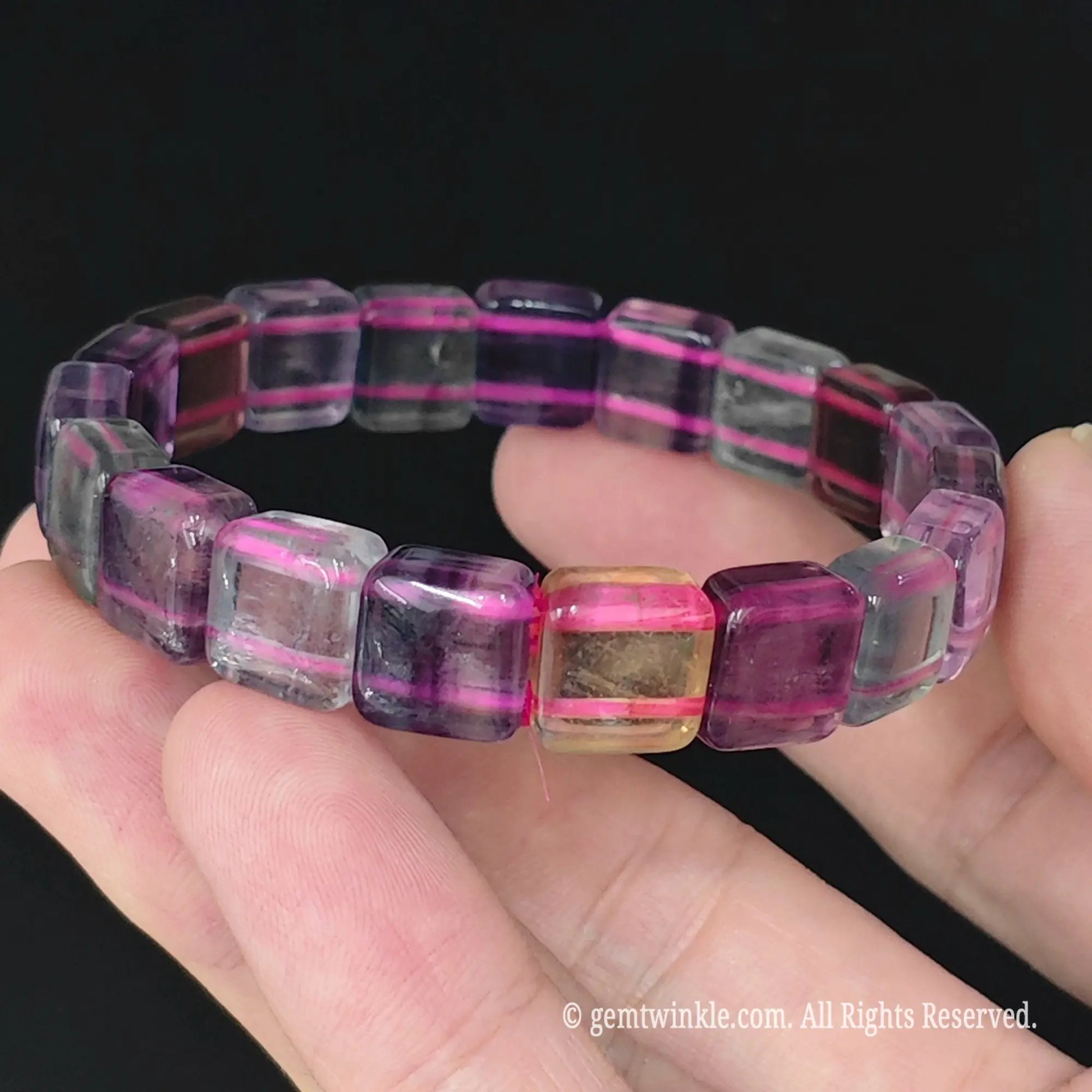 11mm purple fluorite square cube bead stretch bracelet on display tray